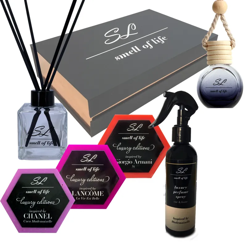 Dárková sada 5 for HER - Vonný difuzér 100 ml Mademoiselle - Parfém do bytu/auta Mademoiselle 200 ml - Vůně do auta Mademoiselle 10 ml - 3 x vonný vosk inspirovaný La Vie Est Belle, Sí a Mademoiselle Výprodej